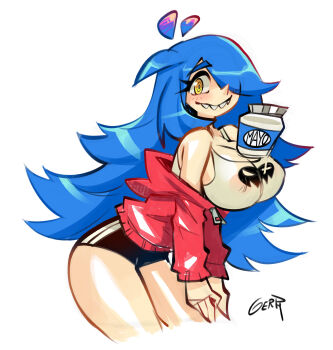 blue_hair breasts can curvy gerph jar large_breasts long_hair long_sleeves mayonnaise sharp_teeth short_shorts shorts skarpne skarpworld smile sports_panties sportswear sweater teeth thighs yellow_eyes