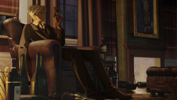 1other 2boys armchair blonde_hair bottle chair collar curtains draco_malfoy fireplace glasses harry_potter harry_potter_(series) holding holding_photo indoors looking_at_object male_focus ming_cha multiple_boys necktie painting_(object) photo_(object) shoes short_hair sitting window wing_collar wizarding_world