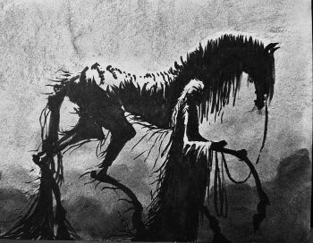 1boy absurdres animal black_robe commentary drew1975 english_commentary greyscale highres holding holding_leash horror_(theme) leash long_hair monochrome robe shadow_slave silhouette sunny_(shadow_slave) walking