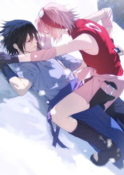 1boy 1girl absurdres belt belt_buckle bike_shorts black_gloves black_hair blue_hakama buckle girl_on_top gloves hakama haruno_sakura hashtag-only_commentary highres japanese_clothes lying naruto_(series) niku_(ni23ku) on_back pink_belt pink_hair red_eyes red_shirt rope_belt shirt short_hair sleeveless sleeveless_shirt snow spiked_hair uchiha_sasuke