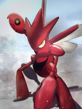 bug claws commentary_request full_body gen_2_pokemon grey_background highres nintendo pokemon pokemon_(creature) redamber334 scizor shadow solo standing yellow_eyes