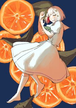 Rule 34 | 1girl, blue background, blush, bob cut, colored inner hair, commentary request, dress, food, fruit, fruit background, full body, grey hair, hair ornament, hasu no sora school uniform, highres, inverted bob, link! like! love live!, love live!, medium dress, multicolored hair, no shoes, orange (fruit), orange slice, parted lips, pleated dress, puffy short sleeves, puffy sleeves, red hair, sailor collar, sailor dress, school uniform, short hair, short sleeves, sleeping, socks, solo, star (symbol), star hair ornament, stew youbi, streaked hair, summer uniform, virtual youtuber, white dress, white sailor collar, white socks, yugiri tsuzuri