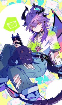 1boy absurdres alternate_costume animal animal_on_lap animalization arm_at_side arm_support bandaid bandaid_on_arm belt black_belt black_choker black_horns bow bright_pupils casual cat cat_on_lap chain chain_necklace choker closed_mouth collarbone colored_eyelashes contemporary copyright_name crossed_bangs dated denim diamond-shaped_pupils diamond_(shape) dragon_horns dragon_tail dragon_wings eromkk expressionless facial_mark fingernails forehead_mark genshin_impact grey_pants grey_sleeves hair_between_eyes heart heart_pendant highres holding holding_phone horns jeans jewelry layered_sleeves letter looking_at_viewer love_letter male_focus mini_durin_(genshin_impact) mini_durin_(human)_(genshin_impact) multicolored_horns necklace on_lap pants person_and_animalization phone pink_bow pink_wings purple_cat purple_horns purple_tail red_eyes ring scaramouche_(cat)_(genshin_impact) scaramouche_(genshin_impact) shirt shoes short_sleeves sneakers spiked_horns spoken_letter striped_bow symbol-shaped_pupils tail torn_clothes torn_jeans torn_pants tsurime twitter_username two-tone_horns white_pupils white_shirt white_shoes white_sleeves wings