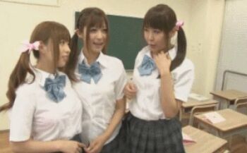 1boy 3girls akinori_(av) animated animated_gif asian bra bra_pull breasts chalkboard classroom clothes_pull desk flashing fset-377 hair_ribbon large_breasts lowres multiple_girls nipples photo_(medium) plaid_clothes plaid_skirt pleated_skirt ponytail ribbon satou_haruki_(av_idol) school school_uniform skirt smile twintails underwear undressing unworn_bra