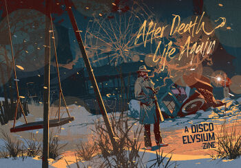 Rule 34 | 2boys, blurry, bokeh, bomber jacket, boots, brown hair, building, car, church, coat, commentary, crash, depth of field, disco elysium, dutch angle, english commentary, english text, facial hair, ferris wheel, flag, grass, grey coat, hand in pocket, harry du bois, hat, jacket, kim kitsuragi, light particles, luis melo, motor vehicle, multiple boys, mutton chops, night, orange jacket, outdoors, power lines, silhouette, smoke, smoke trail, snow, snowing, source quote, utility pole, wide shot