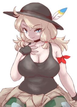 1girl armband bare_shoulders black_gloves black_hat black_shirt blonde_hair blue_eyes calenda_(kemono_friends) camouflage camouflage_pants clothes_around_waist cowboy_shot fingerless_gloves freckles gloves green_pants hat hat_feather kemono_friends kemono_friends_3 long_hair looking_at_viewer maki_(02uh14l1b740ao2) pants red_armband shirt sidelocks sleeveless smile solo sun_hat sweater sweater_around_waist tank_top