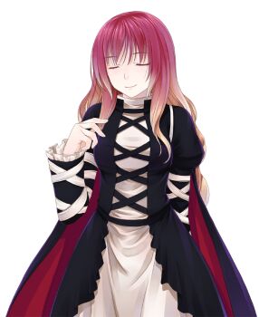 Rule 34 | 1girl, black cape, black dress, blonde hair, breasts, cape, closed eyes, closed mouth, commentary request, cross-laced clothes, cross-laced dress, crote, dress, facing viewer, frilled sleeves, frills, gradient hair, hand up, hijiri byakuren, juliet sleeves, large variant set, layered dress, long hair, long sleeves, medium breasts, multicolored hair, puffy sleeves, purple hair, sleeves past wrists, smile, solo, tachi-e, touhou, transparent background, turtleneck, turtleneck dress, u u, variant set, white dress