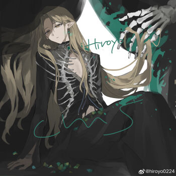 1boy absurdres androgynous artist_name bishounen black_shirt black_skirt blonde_hair brooch check_copyright cleavage_cutout clothing_cutout commission copyright_request crossdressing crossdressing_(mtf) curtained_hair diamond_cutout earrings expressionless forehead gem green_gemstone hair_behind_ear hair_lift hand_in_another&#039;s_hair head_tilt highres hiroyo0224 jewelry long_hair long_skirt long_sleeves looking_ahead male_focus original parted_bangs parted_lips pectorals pointy_ears shirt sitting skeleton skirt skirt_set spine straight_hair trap turtleneck turtleneck_shirt very_long_hair watermark weibo_watermark yellow_eyes