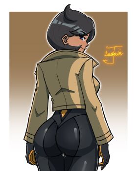 1girl ass black_bodysuit black_hair bodysuit bodysuit_under_clothes brown_jacket closed_mouth dark-skinned_female dark_skin emma_(pokemon) from_behind gloves highres jacket jayladair looking_at_viewer nintendo pokemon pokemon_legends:_z-a purple_eyes short_hair simple_background smile solo