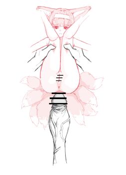 1girl absurdres animal_ears arknights completely_nude deep_skin fox_ears fox_girl fox_tail hairband highres huge_penis imminent_rape kitsune limited_palette multiple_tails nude penis self-upload short_hair simple_background suzuran_(arknights) tail white_background yuyugalaxy