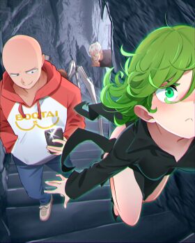 1girl 2boys absurdres bald bang_(one-punch_man) black_dress breasts curly_hair dress flying green_eyes green_hair highres hood hood_down hoodie khyle. long_sleeves multiple_boys one-punch_man parody red_hoodie saitama_(one-punch_man) scene_reference short_hair small_breasts smiling_friends taking_picture tatsumaki white_hoodie