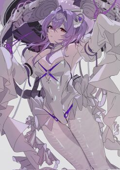 1girl ahoge breasts covered_navel frills goddess_of_victory:_nikke hair_intakes hairband highres inopi_man liberalio_(nikke) pantyhose purple_hair red_eyes simple_background small_breasts solo very_long_sleeves white_background white_pantyhose