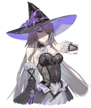 1girl absurdres bare_shoulders black_dress breasts detached_sleeves dress esnowg grey_hair hat herta_(honkai:_star_rail) highres honkai:_star_rail honkai_(series) long_hair looking_at_viewer medium_breasts purple_eyes solo the_herta_(honkai:_star_rail) witch_hat