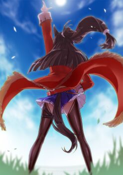 Rule 34 | 1girl, animal ears, arm up, belt, black thighhighs, blue skirt, blue sky, blunt ends, blurry, blurry background, brown hair, cloud, cloudy sky, coat, commentary, day, depth of field, el condor pasa (el numero 1) (umamusume), el condor pasa (umamusume), from behind, grass, hand on own hip, highres, horse ears, horse girl, horse tail, long hair, long sleeves, loose belt, miniskirt, outdoors, pleated skirt, pointing, pointing up, ponytail, red belt, red coat, skirt, sky, solo, standing, tail, thighhighs, umamusume, wind, wind lift, yuto (dialique)