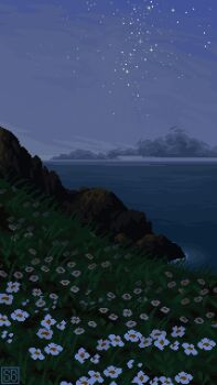 animated animated_gif artist_logo cloud dusk evening flower grass highres hill horizon logo looping_animation no_humans ocean original pixel_art rock scenery scrunchybean shore sky star_(sky) starry_sky water white_flower wind