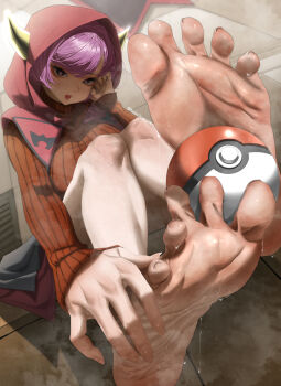Rule 34 | 1girl, barefoot, courtney (pokemon), feet, highres, hood, light blush, looking at viewer, medium hair, nokchamint, open mouth, poke ball, pokemon, pokemon oras, purple eyes, purple hair, soles, steam, sweat, toes