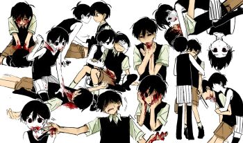 0_scyf 2boys arrow_(symbol) black_eyes black_hair black_shoes black_sweater_vest black_thighhighs blood blood_from_mouth blood_on_clothes blood_on_face blood_on_hands bloody_weapon brown_shorts closed_mouth collared_shirt colored_skin dual_persona highres holding holding_knife knife looking_at_another lying male_focus multiple_boys omori omori_(omori) on_back open_mouth shirt shoes short_sleeves shorts sitting socks standing strangling striped_clothes striped_shorts sunny_(omori) sweater_vest thighhighs vertical-striped_clothes vertical-striped_shorts weapon white_shirt white_shorts white_skin white_socks