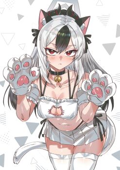 1girl absurdres animal_ear_hairband animal_ears animal_hands bare_shoulders bell black_hair blue_archive blush bra breasts cat_cutout cat_ear_hairband cat_ears cat_lingerie cat_tail choker cleavage clothing_cutout collarbone commentary_request demon_horns detached_sleeves fake_animal_ears fake_tail gloves gradient_hair grey_halo hair_between_eyes hair_ribbon hairband halo highres horns kayoko_(blue_archive) long_hair looking_at_viewer medium_breasts multicolored_hair namaniku_(user_nxxf7457) navel neck_bell paw_gloves puffy_detached_sleeves puffy_sleeves red_eyes ribbon skirt solo tail thighhighs thighs two-tone_hair underwear white_bra white_gloves white_hair white_skirt white_thighhighs