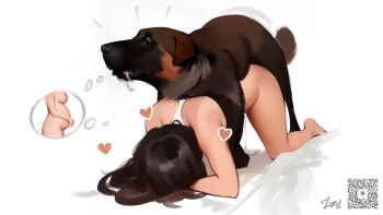 1girl absurdres all_fours bestiality black_hair bottomless breasts cum cumdrip dog doggystyle hetero highres large_breasts lupa_ningyo pregnant sex sex_from_behind speech_bubble tagme thought_bubble