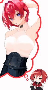 1girl =_= alternate_breast_size_(larger) ange_katrina ange_katrina_(1st_costume) ange_katrina_(2nd_costume) arm_behind_head arm_up armpits black_coat black_skirt blue_eyes blush_stickers breasts cardigan closed_eyes closed_mouth coat collared_shirt commentary_request crossed_arms hair_between_eyes hair_intakes halter_shirt halterneck head_tilt high-waist_skirt highres imagining lipstick long_sleeves looking_at_viewer makeup medium_breasts multiple_views nijisanji off_shoulder pleated_skirt presenting_armpit red_cardigan red_hair shirt shirt_tucked_in short_hair simple_background skirt sleeveless sleeveless_shirt smile speech_bubble split_mouth thought_bubble ucawelksds71548 v-shaped_eyebrows virtual_youtuber white_background white_shirt