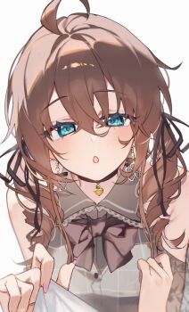 Rule 34 | 1girl, ahoge, bare shoulders, black bow, black bowtie, black choker, black ribbon, blue eyes, blush, bow, bowtie, brown hair, choker, clothes grab, clothing cutout, collared shirt, commentary request, drill hair, earrings, eyelashes, flower earrings, grey shirt, hair between eyes, hair ribbon, heart, heart choker, highres, hikariemochi, hololive, jewelry, lace, lace sleeves, long hair, natsuiro matsuri, natsuiro matsuri (casual), official alternate costume, official alternate hairstyle, open mouth, plaid clothes, plaid shirt, pov, reaching, reaching towards viewer, ribbon, see-through clothes, see-through sleeves, shirt, shoulder cutout, grabbing another's sleeve, solo, twin drills, twintails, upper body, virtual youtuber