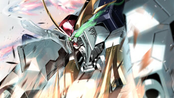 absurdres battle commentary exhaust funnels_(gundam) glowing glowing_eyes green_eyes gundam gundam_hathaway's_flash highres kyo_(0155498) mecha missile mobile_suit no_humans robot science_fiction solo upper_body v-fin xi_gundam