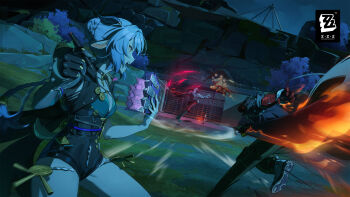 absurdres animal_ears banyue_(zenless_zone_zero) blue_hair dutch_angle fighting game_cg goat_girl goat_horns highres holding holding_pen horns komano_manato long_hair lucia_elowen notebook official_art open_mouth pen pointy_ears sword thighs weapon zenless_zone_zero