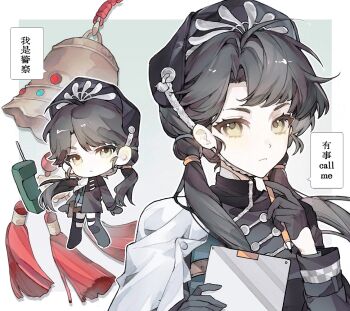 Rule 34 | :<, bell, beret, black boots, black dress, black gloves, black hat, boots, border, cape, cellphone, chibi, chibi inset, chinese text, chinstrap, clipboard, commission, dress, full body, gloves, gradient background, green background, hands up, hat, highres, holding, holding clipboard, holding pencil, liang yue (reverse:1999), long hair, low twintails, multiple views, outside border, pencil, phone, reverse:1999, second-party source, side cape, speech bubble, thigh boots, twintails, upper body, white border, white cape, yellow eyes, yuanweiji mengnu