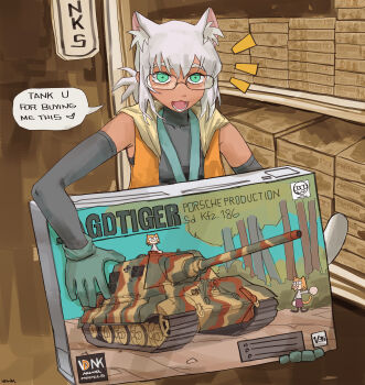 19vodnik 1girl :3 absurdres animal_ear_fluff animal_ears black_sleeves black_sports_bra box box_art camouflage cat_ears cat_girl cat_tail caterpillar_tracks dark-skinned_female dark_skin detached_sleeves emphasis_lines english_text extra_ears fake_box_art glasses gloves green_eyes green_gloves highres holding holding_box hood hooded_vest hoodie interior jagdtiger lanyard military_vehicle model model_kit model_tank motor_vehicle neco-arc orange_vest original sdkfz_186 shop solo speech_bubble sports_bra tail tank tank_destroyer turretless_tank turtleneck vest white_hair