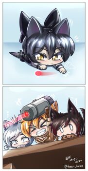 &gt;_&lt; 4girls animal_ears black_hair blake_belladonna blonde_hair cat_ears chibi comic cookie food highres laser_pointer multiple_girls ruby_rose rwby vilde_loh_hocen weiss_schnee white_hair yang_xiao_long