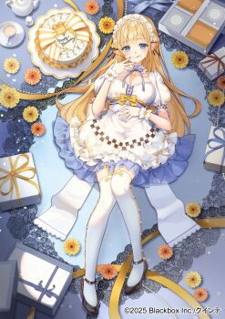 Rule 34 | 1girl, 2025, :q, above-cleavage cutout, absurdres, asahi (vjss4548), black shoes, blonde hair, blue eyes, blue nails, blue ribbon, bow, box, breasts, cake, clothing cutout, collar, company name, copyright notice, cup, dress, dress bow, flower, food, frilled dress, frills, full body, hanano elenoa, hand to own mouth, hand up, happy birthday, heart, heart-shaped food, highres, lace, large breasts, layered dress, light blush, long hair, long pointy ears, looking at viewer, lovvebox, lying, maid headdress, nail polish, neck ribbon, official art, on back, pointy ears, puffy short sleeves, puffy sleeves, ribbon, shoes, short sleeves, solo, teacup, teapot, thigh strap, thighhighs, tongue, tongue out, virtual youtuber, white collar, white dress, white thighhighs, white wrist cuffs, wrist cuffs, yellow flower