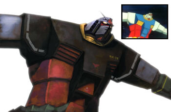 Rule 34 | 1970s (style), 1980s (style), comparison, derivative work, glowing, glowing eyes, gundam, mecha, mobile suit gundam, no humans, oldschool, oono tsutomu, outstretched arms, parody, quality, realistic, retro artstyle, robot, rust, rx-78-2 gundam, science fiction, screencap, simple background, solo, space, spread arms