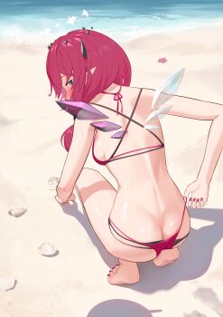 1girl absurdres ass back backboob beach bikini bikini_bottom_pull black_bikini blue_eyes blush breasts butt_crack commentary commission criss-cross_back-straps crystal_wings detached_wings double_halo fingernails guyrys halo highres hololive hololive_english horns irys_(hololive) irys_(holonatsu_paradise)_(hololive) layered_bikini long_hair looking_back median_furrow nail_polish official_alternate_costume official_alternate_hairstyle outdoors pointy_ears red_bikini red_nails sand sand_writing seashell shell shift_(shiftillust) solo squatting star_halo starfish string_bikini swimsuit toenail_polish toenails toes turning_head two-tone_wings virtual_youtuber wings