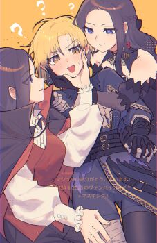 3girls ? bang_dream! bare_shoulders black_gloves black_pantyhose blonde_hair braid brown_hair cape closed_mouth commentary_request dual_persona fang girl_sandwich gloves half_up_braid hand_on_another&#039;s_face hand_on_another&#039;s_thigh highres interlocked_fingers long_hair multiple_girls pantyhose purple_eyes red_vest sandwiched sato_masuki shirt short_hair smile umaa42 vest wakana_rei white_shirt yellow_background yellow_eyes yuri