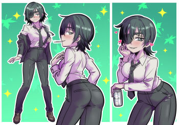 1girl asahi_breweries beer_can black_hair black_jacket black_necktie black_pants black_suit blush breasts business_suit can chainsaw_man cigarette collared_shirt commentary darksiderart73 drink_can english_commentary eyepatch formal_clothes hair_between_eyes heart highres himeno_(chainsaw_man) jacket long_sleeves medium_hair necktie pant_suit pants shirt shirt_tucked_in smile smoke smoking suit suit_jacket