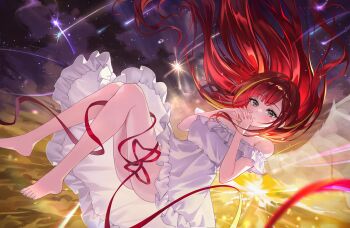 Rule 34 | 1boy, absurdres, akane lize, bare shoulders, barefoot, black dress, blonde hair, commentary, dress, grey eyes, highres, interlocked fingers, knees up, long hair, looking at viewer, mella (mell a12), mole, mole on cheek, mole under eye, multicolored hair, parted lips, praying, red hair, solo, stellive, streaked hair, tearing up, very long hair, virtual youtuber, white dress