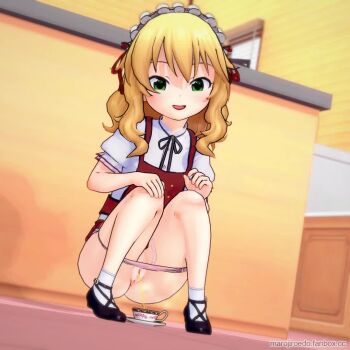 1girl 3d animated anus bad_tag black_footwear blonde_hair blush censored cleft_of_venus cup dress female full_body green_eyes hairband hand_on_own_knee idolmaster idolmaster_cinderella_girls indoors koikatsu koikatsu! koikatsu_(medium) loli lolita_hairband looking_at_viewer maid_headdress marojiro_edo mosaic_censoring neck_ribbon open_mouth panties panty_pull pee peeing peeing_in_cup pink_panties pussy red_dress ribbon sakurai_momoka saucer self-upload shirt shoes short_sleeves smile socks solo squatting tagme teacup the_idolm@ster:_cinderella_girls_u149 underwear video white_shirt white_socks