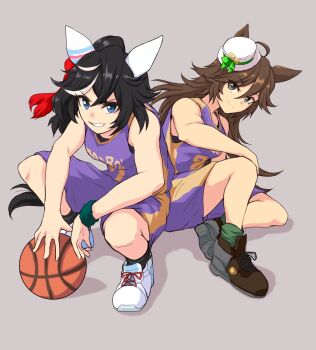 2girls absurdres ahoge animal_ears ball bare_shoulders basketball basketball_(object) basketball_jersey basketball_uniform black_hair black_socks black_sports_bra blue_eyes bow breasts brown_hair closed_mouth commentary_request ear_covers green_bow green_socks grin hair_between_eyes hair_ornament hat hat_bow highres horse_ears horse_girl horse_tail jersey katsuragi_ace_(umamusume) long_hair looking_at_viewer mini_hat mini_top_hat mr._c.b._(umamusume) multicolored_hair multiple_girls open_mouth ponytail purple_shorts shoes shorts simple_background smile socks sports_bra sportswear squatting streaked_hair tail tassel tassel_hair_ornament top_hat umamusume white_hair windg0 wristband