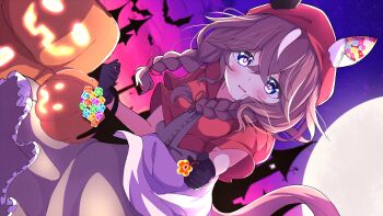 1girl absurdres alternate_costume animal_ears blush braid breasts brown_eyes brown_hair candy curren_bouquetd&#039;or_(umamusume) dutch_angle food full_moon gloves halloween highres hood hoodie horse_ears horse_girl looking_at_viewer low_twin_braids moon night open_mouth reaching reaching_towards_viewer solo twin_braids umamusume utsubo_(u-tubo)