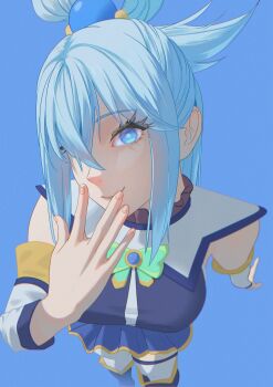 1girl absurdres aqua_(konosuba) blue_background blue_boots blue_eyes blue_hair blue_shirt blue_skirt boots bow breasts closed_mouth crossed_bangs detached_sleeves foreshortening from_above green_bow hair_between_eyes hair_ornament hair_over_one_eye hair_rings hand_on_own_face highres kono_subarashii_sekai_ni_shukufuku_wo! large_breasts long_hair looking_at_viewer miniskirt pleated_skirt shirt single_hair_ring skirt sleeveless sleeveless_shirt smile solo sphere_hair_ornament thighhighs white_sleeves white_thighhighs ynnk_lc