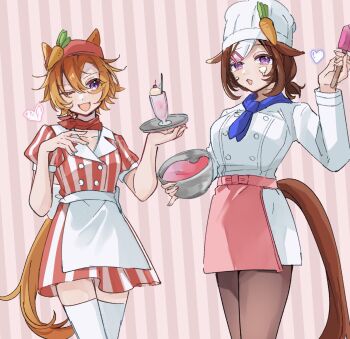 2girls animal_ears apron ascot bandana bandana_around_neck black_pantyhose blue_ascot blush bowl breasts brown_hair carrot_hat_ornament chef chef_hat collarbone ears_through_headwear food food_on_face hair_between_eyes hair_ornament hairclip hat heart highres holding holding_bowl holding_tray horse_ears horse_girl horse_tail long_sleeves looking_at_viewer medium_breasts medium_hair meisho_doto_(umamusume) mia_umauma multicolored_hair multiple_girls one_eye_closed open_mouth orange_hair orange_tail pantyhose pink_apron puffy_short_sleeves puffy_sleeves purple_eyes red_bandana red_shirt red_skirt shirt short_hair short_sleeves skirt smile t.m._opera_o_(umamusume) tail thighhighs tray two-tone_hair umamusume waitress white_apron white_hair white_shirt white_thighhighs