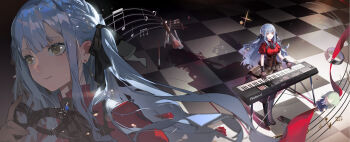 Rule 34 | 1girl, absurdres, art relay, artist collaboration, ascot, bang dream!, bang dream! it's mygo!!!!!, black ascot, black gloves, black ribbon, black wrist cuffs, blue gem, blue hair, boots, brooch, character doll, checkered floor, closed mouth, commentary request, doll, earrings, floating, floating object, flower, gem, gloves, hair ribbon, highres, holding, holding mask, instrument, jewelry, keyboard (instrument), lace-up boots, long hair, looking ahead, looking at viewer, makeup brush, making-of available, mask, masquerade mask, multiple views, music, musical note, musical staff, oblivionis (bang dream!), playing instrument, poppy yuu, puffy short sleeves, puffy sleeves, red flower, red ribbon, red rose, ribbon, rose, shadow, shaokao lajitong, short sleeves, skirt, standing, togawa sakiko, unworn mask, very long hair, wakaba mutsumi, wrist cuffs, yellow eyes