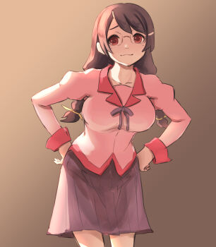 1girl :3 black_hair braid breasts collarbone commentary_request hands_on_own_hips hanekawa_tsubasa highres looking_at_viewer monogatari_(series) naoetsu_high_school_uniform one-hour_drawing_challenge oretekiya pink_shirt purple_skirt red_eyes school_uniform shirt skirt solo standing twin_braids
