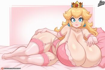 1girl blonde_hair blue_eyes breasts crown earrings elbow_gloves female_focus full_body gigantic_breasts gloves h highres jewelry lingerie lips long_hair looking_at_viewer mario_(series) nintendo princess_peach solo srbready thighhighs underwear