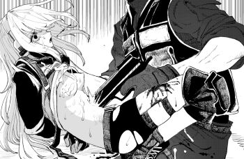 1boy 1girl aiming arms_behind_back belt black_gloves black_jacket black_shirt blood blood_on_clothes blood_on_ground blood_splatter boots bound bound_wrists breasts breasts_out bullet_hole bullet_wound crying cum cum_on_body earphones ejaculation firing gloves gun holding holding_gun holding_weapon injury jacket knee_pads knees_up load_bearing_vest long_hair military_uniform monochrome murder on_ground open_mouth original rape red_hod restrained shirt shirt_rolled_up short_shorts shorts sleeves_rolled_up strap streaming_tears surprised tearing_up tears thigh_strap toned toned_male torn_clothes vaginal weapon