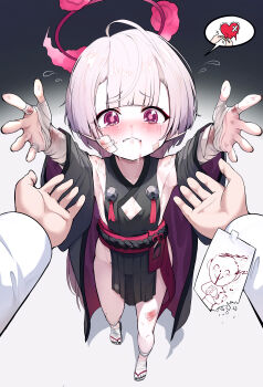 1boy 1girl absurdres armpits bandaged_arm bandaged_foot bandaged_hand bandages bare_shoulders bell black_nails blue_archive blush body_writing breasts clothing_cutout commentary_request crying crying_with_eyes_open detached_sleeves doodle_sensei_(blue_archive) fingernails full_body gauze gauze_on_cheek grey_hair grey_sleeves gro_(lee145879) halo hetero highres huge_filesize japanese_clothes jingle_bell legs loli long_hair looking_at_viewer nail_polish no_panties okobo outstretched_arms partial_commentary platform_sandals pointy_ears pov pov_hands red_eyes red_halo sandals see-through_clothes sensei_(blue_archive) shuro_(blue_archive) small_breasts solo_focus speech_bubble standing tally tears toenail_polish toenails toes
