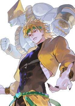 Rule 34 | 1boy, 1other, abs, absurdres, black nails, black shirt, blonde hair, clenched hands, commentary request, cropped jacket, dio brando, earrings, fingernails, from below, highres, jacket, jewelry, jojo no kimyou na bouken, korean commentary, long fingernails, long sleeves, looking at viewer, looking to the side, nail polish, nbee ya, open clothes, open jacket, parted lips, red eyes, shirt, short hair, simple background, stand (jojo), stardust crusaders, the world, upper body, white background, yellow jacket