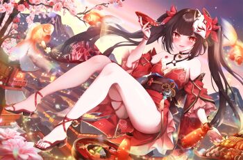1girl ankle_bell bell blush bottle breasts brown_hair cherry_blossoms cup dress eyebrows_hidden_by_hair fox_mask full_body highres honkai:_star_rail honkai_(series) jingle_bell long_hair looking_at_viewer mask mask_on_head medium_breasts mogura_mole mountainous_horizon nail_polish neck_bell open_mouth red_dress red_eyes sakazuki sake_bottle smile solo sparkle_(honkai:_star_rail) toenail_polish toenails toes twintails very_long_hair
