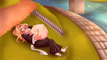 Rule 34 | 1girl, anoartist1994, big belly, black robe, bleach, blush, breasts, commission, commissioner upload, dirt, grey eyes, hand on own stomach, hill, japanese clothes, kicking, long hair, lying, matsumoto rangiku, moaning, navel, on back, open mouth, orange hair, outdoors, pregnant, river, robe, sandals, socks, solo, stairs, stomach bulge, sunlight, sunset, white socks, worried