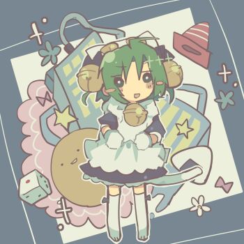 1girl ahoge animal_ears animal_hat apron bell blush blush_stickers bow cat_ears cat_girl cat_hat cat_tail chibi commentary_request dejiko di_gi_charat dice dress food full_body gema gloves green_hair hair_bell hair_ornament hat highres jingle_bell looking_at_viewer manupuri mittens neck_bell onigiri open_mouth paw_shoes short_hair short_sleeves smile solid_circle_eyes solo standing tail traffic_cone two_side_up white_apron white_mittens